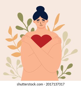 Young woman lovingly hugs herself and her body. Love yourself and overcome personal and psychological problems. Self love and self confidence and care. Mental health, confidence. Vector illustration