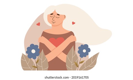 Young woman lovingly hugs herself and her body. Love yourself and overcome personal and psychological problems. Self love and self confidence and care. Mental health, confidence. Vector illustration