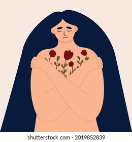 Young woman lovingly hugs herself and her body. Love yourself and overcome personal and psychological problems. Self love and self confidence and care. Mental health, confidence. Vector illustration