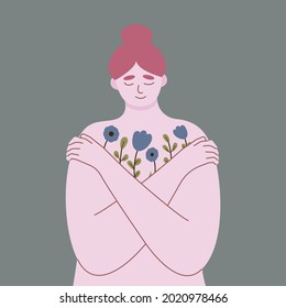 Young woman lovingly hugs herself and her body. Love yourself and overcome personal and psychological problems. Self love and self confidence and care. Mental health, confidence. Vector illustration