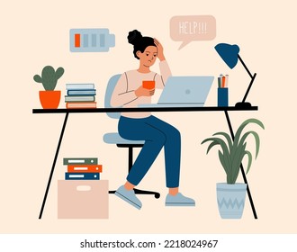 Una mujer joven con poca energía se sienta junto a la mesa con una laptop, sobrecargada de trabajo y necesita ayuda y descanso. Burnout en el trabajo. Ilustración vectorial dibujada a mano aislada en el fondo del color, estilo de dibujos animados planos de moda.