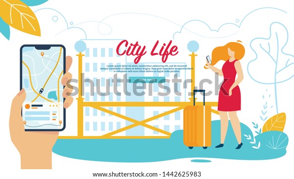 Young Woman with Luggage Calling for Ordering Taxi\
Driver. Customer Character Waiting Car Outdoors. Hand with App for\
Auto Order on Phone. City Life Cartoon Flat Vector Illustration,\
Horizontal Banner