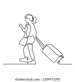 Young woman with luggage continuous one line vector drawing. Hand drawn tourist, traveller. Airport, railway departure, arrival. Girl walking with baggage, handbag. Minimalistic contour illustration