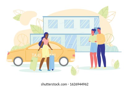 Young Woman with Luggage Standing near Taxi Cartoon Flat Vector Illustration. Female Character Going to Family Waiting for Girl. Couch Surfing Concept. Welcoming new Quest. House for Tourist.