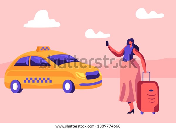 Young Woman with Luggage Standing on Street\
Calling or Using App for Ordering Taxi. Female Customer Character\
Waiting Car Outdoors. Cabbie Driver Coming for Order. Cartoon Flat\
Vector Illustration