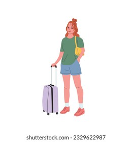 Young woman with luggage. Vector cartoon flat style illustration