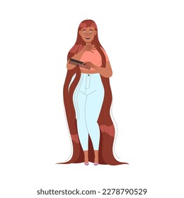 Young Woman with Lush Long Hair Standing with Comb Brushing It Vector Illustration
