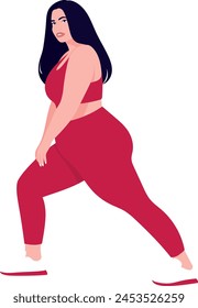 A young woman with a lush shape does yoga and exercises