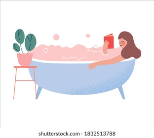 Young Woman Lying in Bathtub Full of Soap Foam and Reading Book, Person Relaxing, Reducing and Managing Stress Cartoon Style Vector Illustration