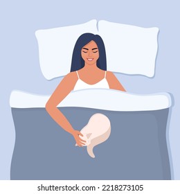 Young woman is lying in bed with a cat, smiling and stroking him. Character in bedroom rests at night. Girl sleeping with cat. Comfort and coziness. Vector illustration