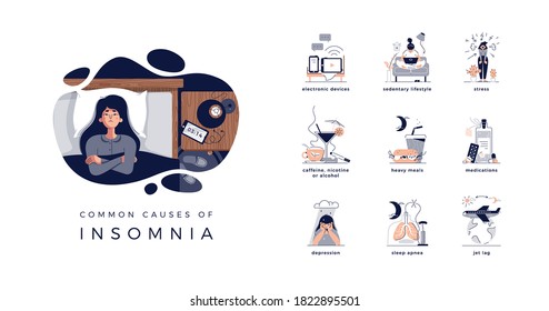 Young woman lying in bed, closed vector illustration. Insomnia causes: electronic devices, sedentary lifestyle, stress, caffeine, nicotine, alcohol, depression, heavy meal, medications, jet lag, apnea