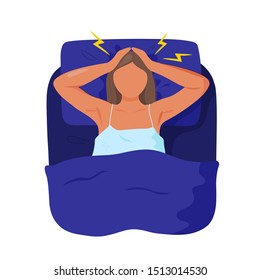 Young woman lying in bed, clutching her head and suffering from insomnia. Flat cartoon modern trendy style.Vector illustration character icon. Sleep disorder concept.