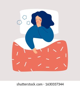 Young woman is lying in the bed and coughing. Sick girl with symptoms of influenza, isolated on light background. Concept of health problem and viral infectious disease. Flat vector illustration.