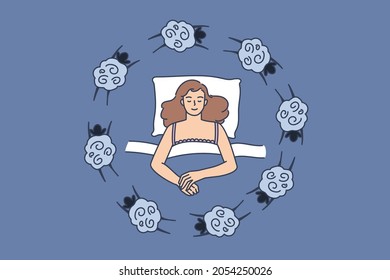 Mujer joven tendida en la cama contando ovejas no puede dormir por la noche. Las niñas descansan en la habitación y sufren de insomnio. Privación del sueño, ansiedad y fatiga. Concepto de trastorno del sueño. Ilustración vectorial plana. 