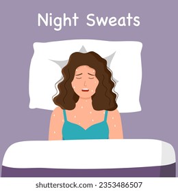 Young woman lying in a bed experienced night sweats. Female hormone imbalance symptom.