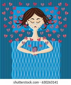 Young woman lying in bed, holding Smartphone and crying. Illustration broken heart, unhappy first love, break up. 