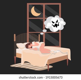 Mujer joven tendida en la cama por la noche y tiene pesadilla con ilustración plana de vector fantasma. Caracter de mujer cansada que sufre de mal sueño con aterrador fantasma. Concepto de trastorno durmiente.