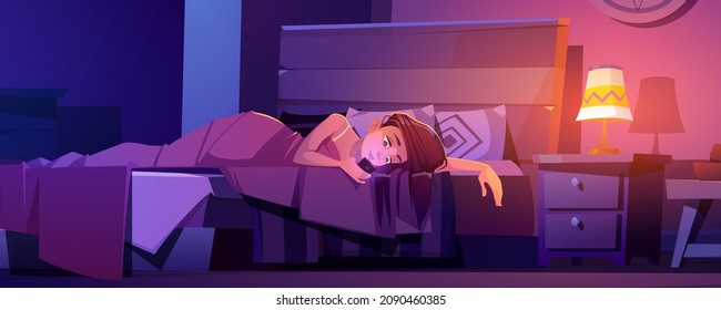 Young woman lying in bed with phone in hands. Girl chatting with friends in social networks, texting, reading newsfeed in internet during bedtime, gadget addiction, Cartoon vector illustration