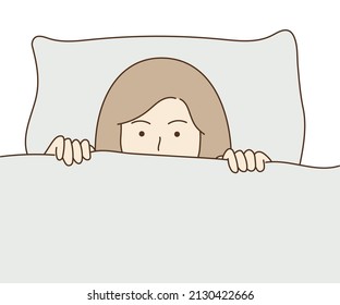 Young woman lying in bed, pulled the blanket covering her mouth and nose. Sleepy Girl trying to fall asleep. insomnia, Sleep disorder concept. Hand drawn cartoon vector illustration.