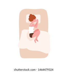 Young woman lying in bed and sleeping in fetal position. Female cartoon character relaxing during night slumber. Cute girl resting or reposing. Top view. Flat cartoon colorful vector illustration.