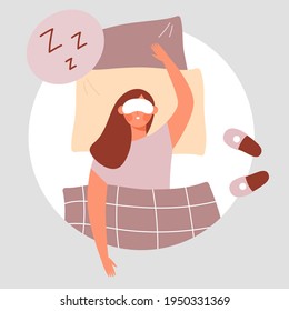 Young woman lying in bed with sleeping mask on her eyes - Female character napping, having a sweet dream - Healthcare concept, round frame, vector flat illustration