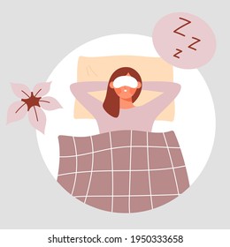 Young woman lying in bed with sleeping mask on her eyes - Female character napping, having a sweet dream - Healthcare concept, round frame, vector flat illustration