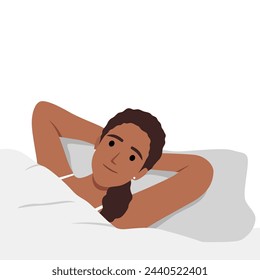 Young woman lying in bed sleeping. Smiling girl relax in bedroom dreaming or napping. Relaxation and comfort. Flat vector illustration isolated on white background