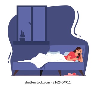 Young Woman Lying in Bed with Smartphone, Reading Message, Chatting with Friend. Female Character with Mobile Phone in Bed. Gadget Addiction, Internet Communication. Cartoon People Vector Illustration