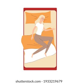 Young woman lying in bed suffers from insomnia, stress, depression or nightmare. Sleepless unhappy tired female character trying to fall asleep in night bedroom. Vector illustration