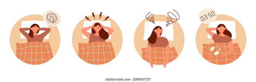 Young woman lying in bed, suffers from insomnia, thinking - Female character trying to fall asleep, having sleep problems, headache, feeling exhausted - Vector illustration set