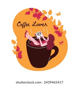 Young woman lying in the big cup with hot coffee, enjoying and reading book. Cartoon huge dark mug with girl inside. Funny character with floral, coffee lover vector poster comic design