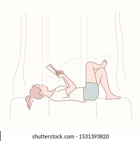 Young woman lying with book. Hand drawn style vector design illustrations.