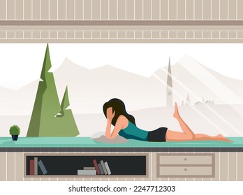 Young woman is lying by large panoramic window in her accommodation, looking out over the mountain landscape. Luxury apartment on holiday in the mountains. Flat design, vector illustration