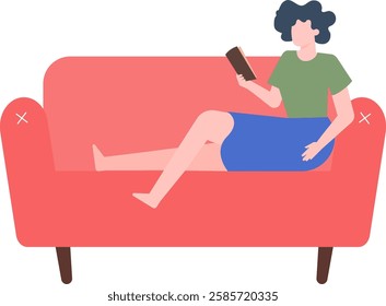 Young woman is lying comfortably on a red sofa while enjoying reading a book, depicting relaxation, leisure, and the pleasure of literature