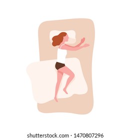 Young woman lying in cozy bed and sleeping on left side. Female cartoon character relaxing during night slumber. Cute girl dozing or napping. Top view. Flat cartoon colorful vector illustration.