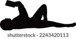 a young woman lying down and reading book, silhouette vector
