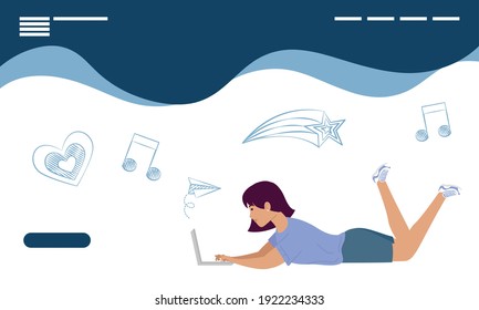young woman lying down using laptop and drawings vector illustration design