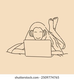 Young woman lying down while using a laptop. Line art drawing. Sketch outline vector illustration