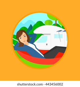Young woman lying in a hammock in front of motor home in the forest, enjoying vacation in camper van. Vector flat design illustration in the circle isolated on background.