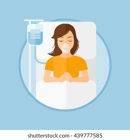 Young woman lying in hospital bed with oxygen mask. Woman during medical procedure with drop counter at medical room. Vector flat design illustration in the circle isolated on background.