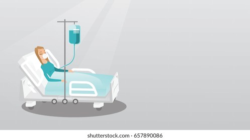 Young woman lying in hospital bed with an oxygen mask. Woman during medical procedure with a drop counter. Patient recovering in bed in a hospital. Vector flat design illustration. Horizontal layout.