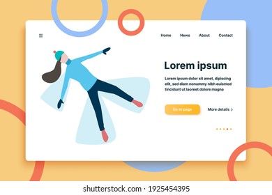 Young woman lying and making snow angle flat icon. Winter vacation, fun, resting. Winter activity concept. Vector can be used for topics like winter, leisure, holiday