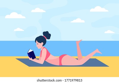 Young woman lying on beach with book. Sea, nature, leisure flat vector illustration. Lifestyle and vacation concept for banner, website design or landing web page