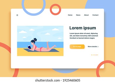 Young woman lying on beach with book. Sea, nature, leisure flat vector illustration. Lifestyle and vacation concept for banner, website design or landing web page