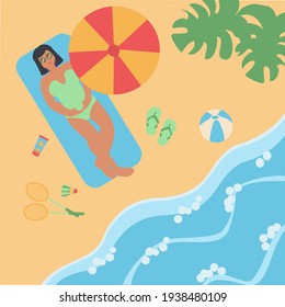 Young woman lying on beach and sunbathing Summer itms are near Flat vector illustration