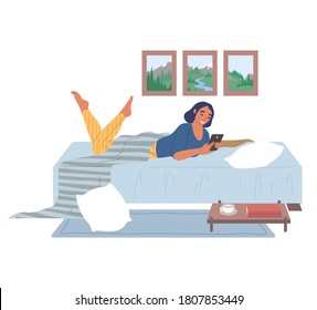 Young woman lying on the bed with mobile phone, flat vector illustration. Smiling girl chatting with friends using smartphone, surfing the net, checking phone. Bedroom interior.