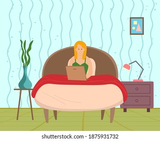 Young woman lying on the bed, holding a laptop. Relaxing at home concept vector flat design. Rest time, leisure, free time after work. Social media network communication digital gadget addiction