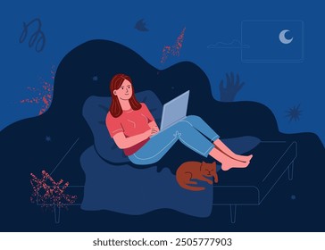 A young woman lying on a bed in the dark, watching true crime, a horror movie or a detective story.