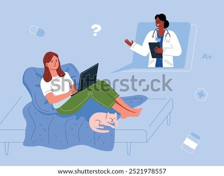 A young woman lying on the bed consults with a doctor online video call. The concept of telemedicine.