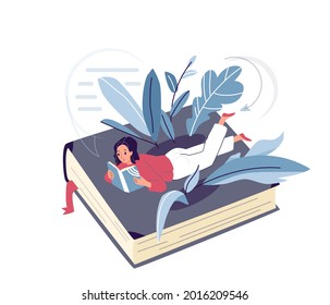 Young woman lying on the book and reading books, surrounded plants, leaves. Female reader holding literature. Studying, education vector illustration in simple flat style.